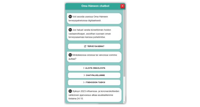 Näyttökuva Oma Hämeen verkkosivuille sijoitetustachat-palvelubotista