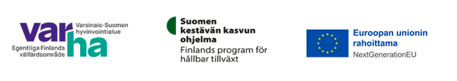 Varsinais-Suomen hyvinvointialue Varha -logo, Suomen kestävän kasvun ohjelma -logo ja Euroopan unionin rahoittama -logo