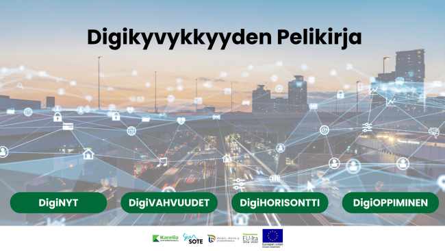 Digikyvykkyyden pelikirjan etusivu, jossa alaotsikot DigiNyt, DigiHorisontti, DigiVahvuudet ja DigiOppiminen.