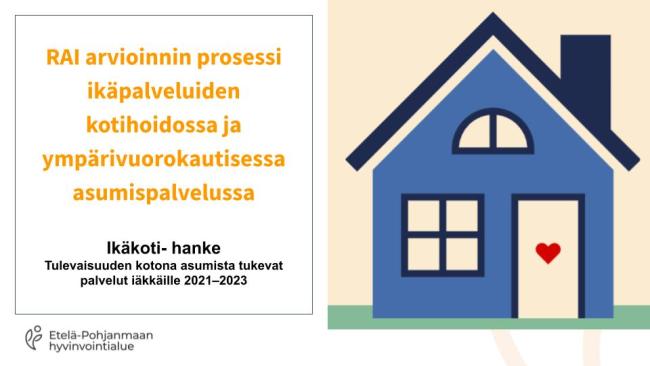 Sininen talo keltaisella taustalla, vieressä teksti: RAI arvioinnin prosessi ikäpalveluiden kotihoidossa ja ympärivuorokautisessa asumispalvelussa