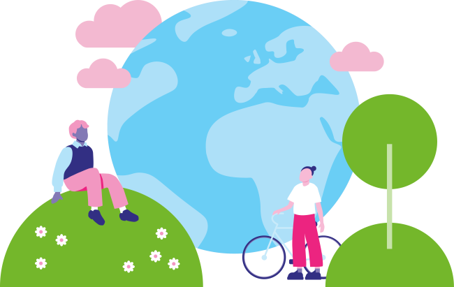 Piirroskuva, jossa henkilö istuu vihreän pallon päällä ja toinen henkilö seisoo polkupyörän vieressä. Molemmat katsovat taustalla näkyvää sinisensävyistä maapalloa.