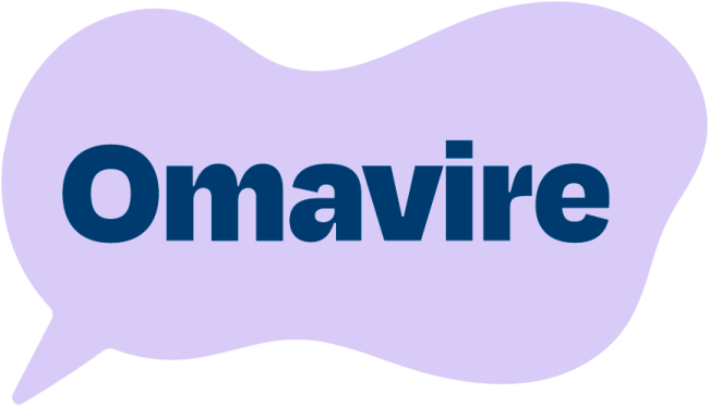 Omavire-logo. Violetti puhekupla, jossa lukee keskellä Omavire sinisellä. 