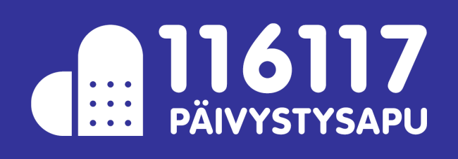 sinisellä pohjalla valkoinen teksti; 116117 päivystysapu ja valkoinen päivystysavun logoon kuuluva sydänikoni