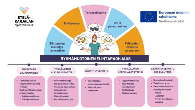 Kuva ryhmämuotoisen elintapaohjauksen toimintamallista ja sisällöstä.