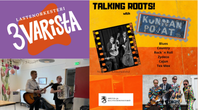 Kuvassa näkyy Kunnan Poikien eri toimintoja eli Kolme Varista -lastenorkesterin logo, Talking Roots -keikkamainos ja kuva ikäihmisten palveltalokeikalta. 