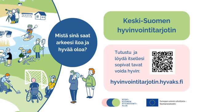 Piirroskuvassa ihmisiä harrastamassa.  Verkko-osoite hyvinvointitarjotin.hyvaks.fi.