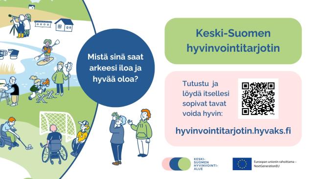 Piirroskuvassa ihmisiä harrastamassa. Verkko-osoite hyvinvointitarjotin.hyvaks.fi.