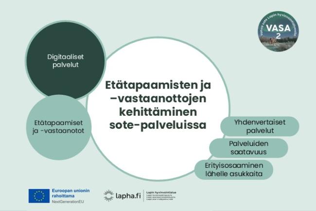 Keskellä näkyy otsikko: Etätapaamisten ja -vastaanottojen kehittäminen sote-palveluissa. Vasemmalla yläympyrässä Digitaaliset palvelut, alaympyrässä vasemmalla etätapaamiset ja -vastaanotot. Oikealla laatikoissa asiasanoina: yhdenvertaiset palvelut, palveluiden saatavuus, erityisosaaminen lähelle asukkaita