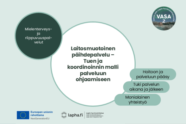 Kansikuva, jossa lukee laitosmuotoinen päihdepalvelu - tuen ja koordinoinnin malli palveluun ohjaamiseen. Kuvan sisältö avataan innokylän teksteissä.