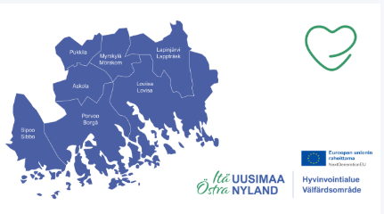 Itä-Uudenmaan hyvinvointialueen kartta ja EU-logo