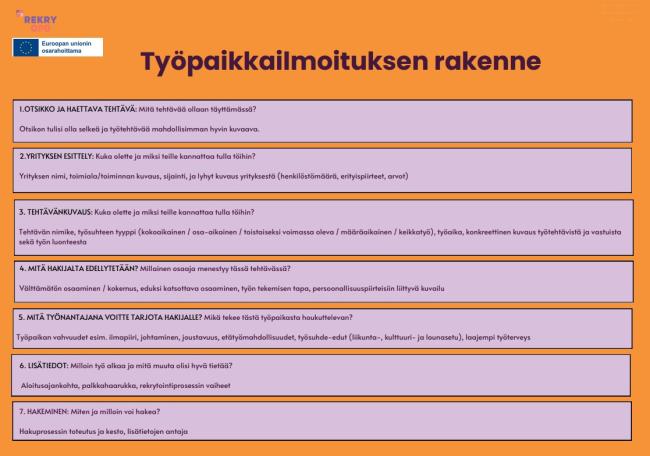 Kuvassa työpaikkailmoituksen rakenne jaoteltuna osiin.