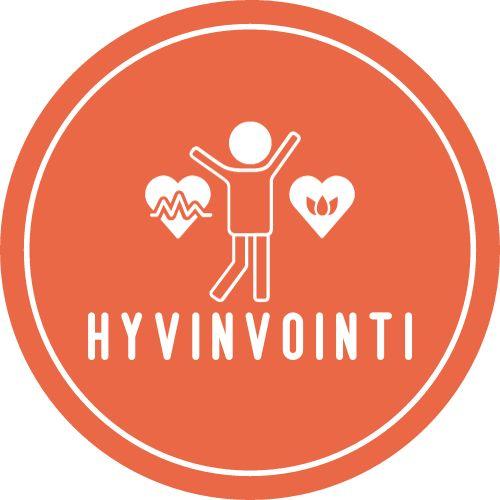 Punaisella pohjalla valkoinen ihmishahmo, jonka molemmilla puolilla sydämet. Kuvan alla teksti Hyvinvointi