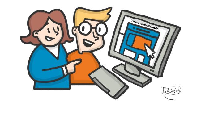 Piirroskuva, missä mies ja nainen katsovat tietokoneen näytöltä Tukea digiasiointiin -sivua