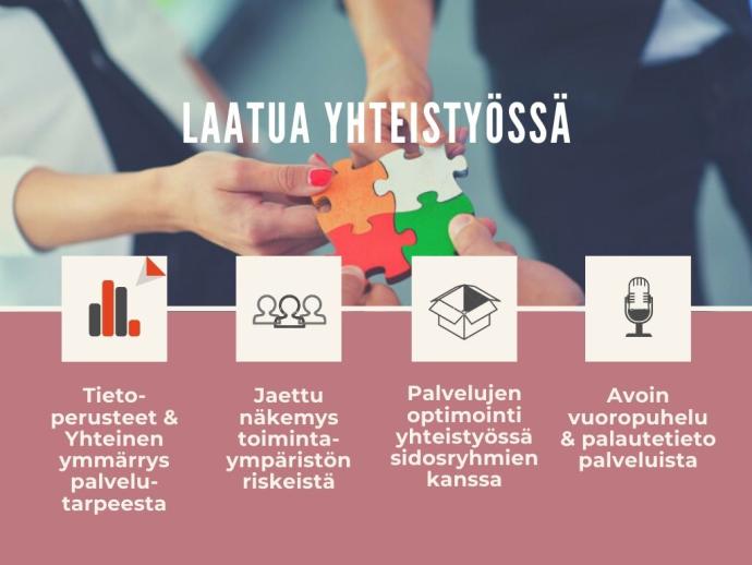 Laatua yhteistyössä: tietoperusteet ja yhteinen ymmärrys palvelutarpeesta, jaettu näkemys toimintaympäristön riskeistä, palveluiden optimointi yhteistyössä sidosryhmien kanssa, avoin vuoropuhelu ja palautetieto palveluista